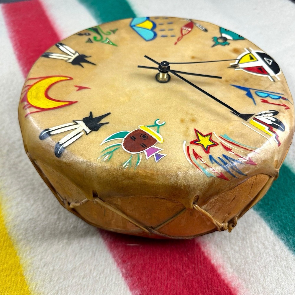VTG Native American Clock‎ Drum Cow Hyde Wood Symbols - WORKS Artist "Bun Bun"